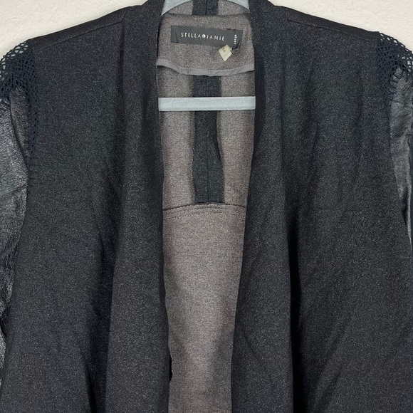 Stella & Jamie Genuine Leather Stretch Knit Shimmery Whip Stitch Open Jacket - Picture 2 of 7